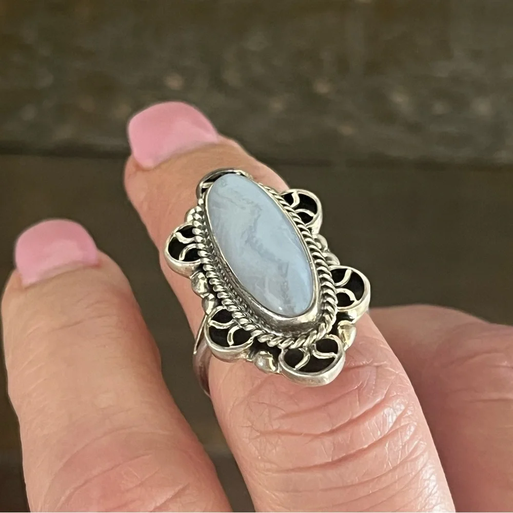 Southwest Sterling silver & blue lace agate ring- size 7 - Picture 4 of 12